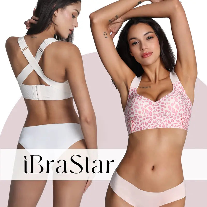 Ibrastar Cross Back Posture Support Bra for Women, Wireless Criss Cross Back Bra, Back Support & Shaping Bra, Soft Breathable Molded Cups, Comfortable Push up Bra for Yoga, Workout & Daily Wear