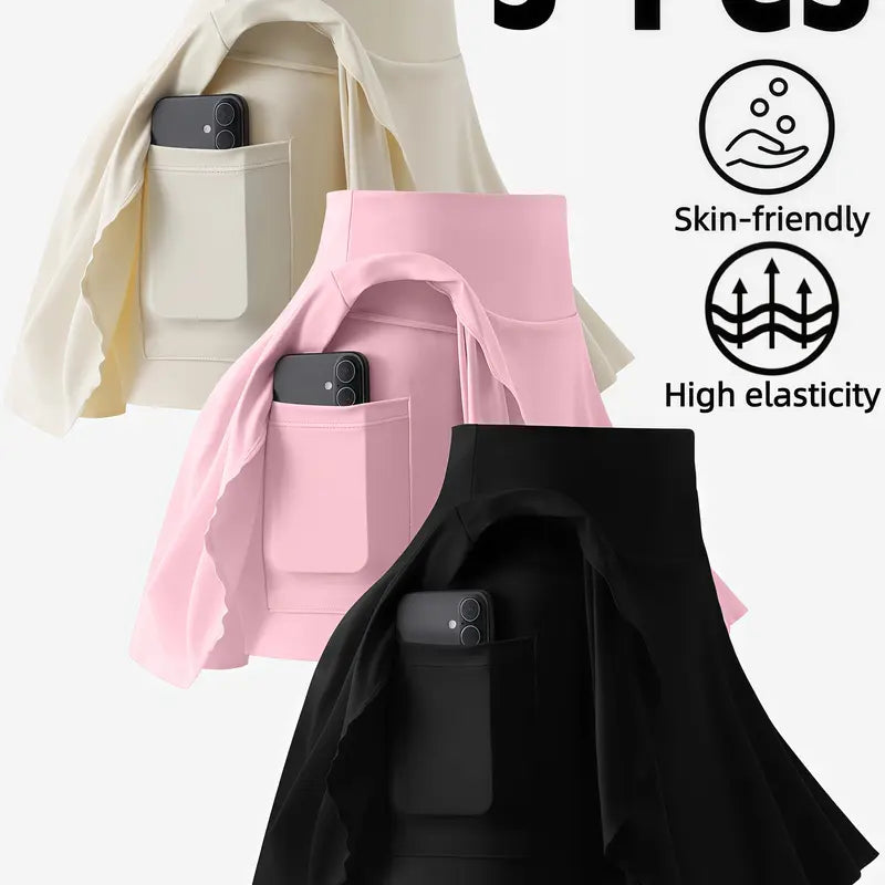 Women'S Fitted High-Waist Pleated Elastic Waist Skorts 3-Pack - Quick-Dry Polyester Mini Pantskirts with Pockets, Inner Shorts Cover, Tennis Attire for Pickleball, Workouts