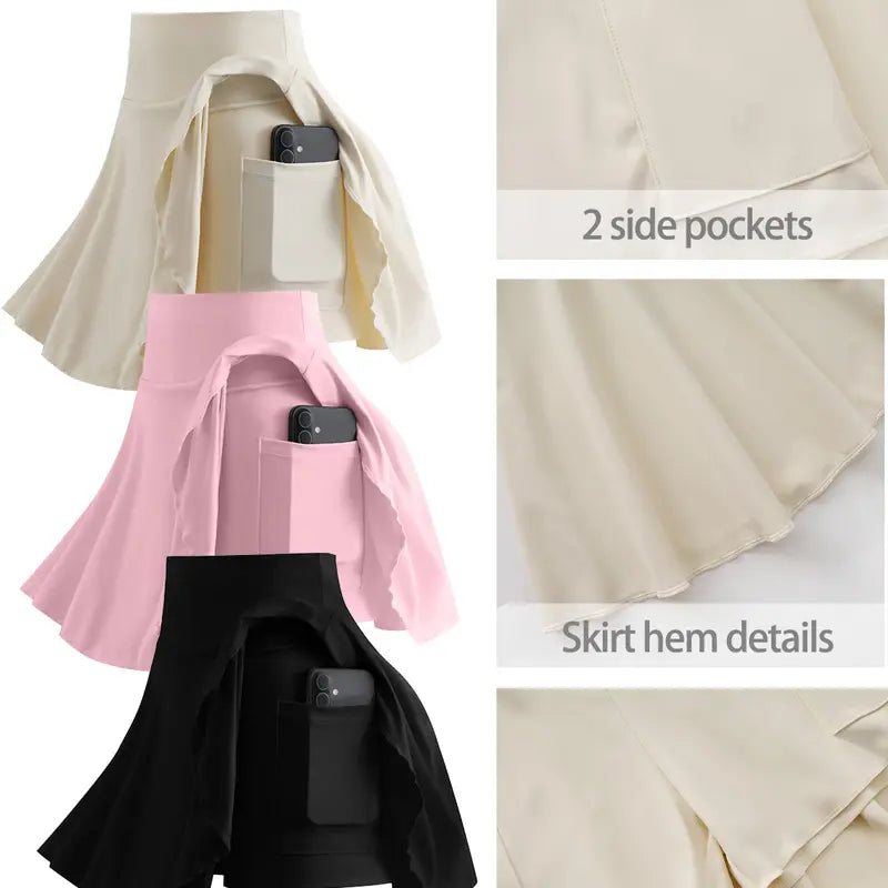 Women'S Fitted High-Waist Pleated Elastic Waist Skorts 3-Pack - Quick-Dry Polyester Mini Pantskirts with Pockets, Inner Shorts Cover, Tennis Attire for Pickleball, Workouts